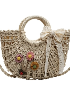 Lace straw tote bag with floral accents and butterfly bow for summer beach vacations