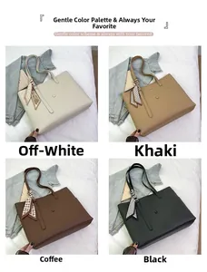 Detailed grid showing four tote bags in cream, khaki, coffee, and black with floral ribbons