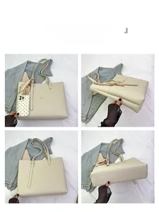Detailed views of a beige lychee texture tote bag with a decorative floral silk scarf