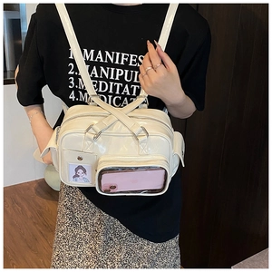 Detail of cream multi-functional PU leather bowling bag showing transparent outer pocket