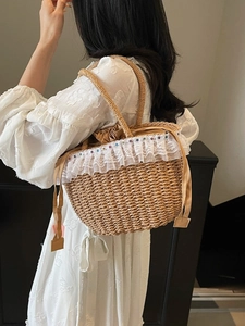 Women Straw Woven Bag Lace Artificial Pearl Decor Pastoral Style Vacation Beach Tote Drawstring Shoulder Bag Mori Girl Handbag