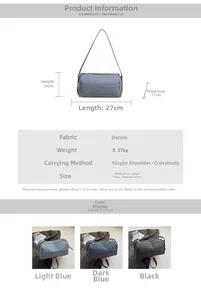 Detailed size chart for denim pillow bag with dimensions 27x14x11cm and strap length
