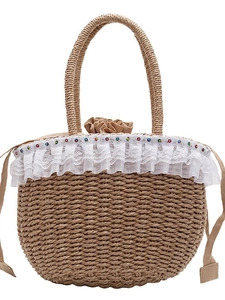 Handwoven straw tote bag with elegant white lace trim and colorful beaded accents