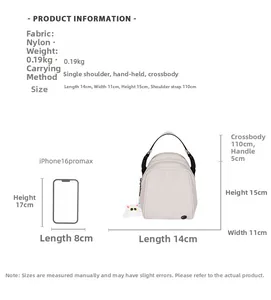 Off-white nylon shell bag dimensions 14x11x15cm shown with phone for scale comparison