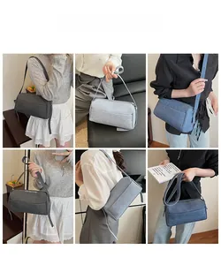 Multiple views of a stylish denim cylinder crossbody bag in dark grey, light grey and blue