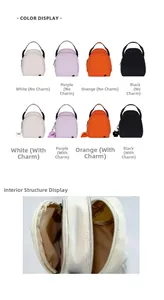 Detail view of nylon crossbody bag with double zippers and soft plush charms