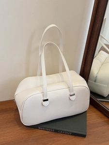 Chic white lychee pattern leather Boston handbag with slim straps on business book