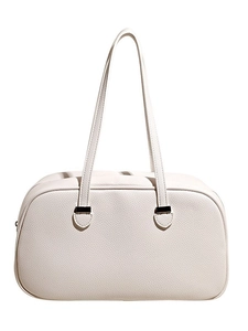 Minimalist creamy white lychee leather boston bag with long handles and metal hardware
