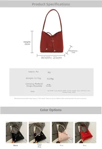 Tableau des tailles et quatre options de couleurs pour le sac à bandoulière en similicuir