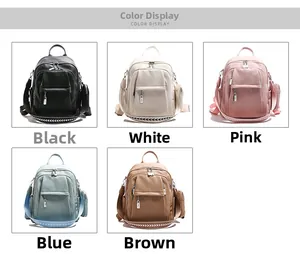 Detailed color display of multi-compartment backpacks in black, white, pink, blue, and brown