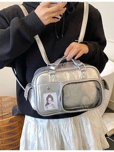 Silver metallic large capacity commuter backpack with transparent display window