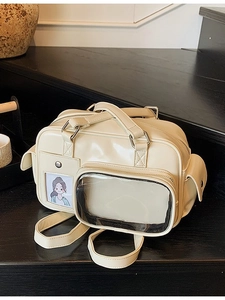 Versatile cream faux leather itabag with transparent window and adjustable straps
