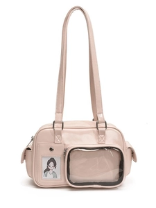 Pink multi-pocket faux leather shoulder bag with transparent PVC display window
