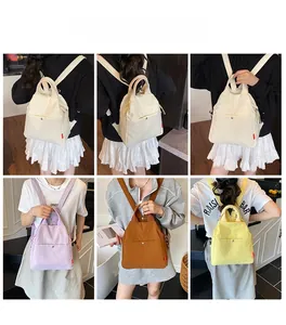 Lifestyle view of models wearing versatile canvas sling bags in various soft colors