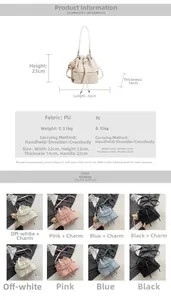 Detailed size chart and specifications for the drawstring bucket bag with bear charm