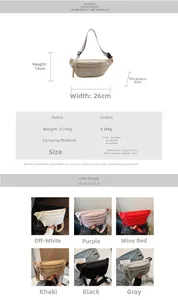 Detailed size chart for canvas crossbody bag showing dimensions and six color variations