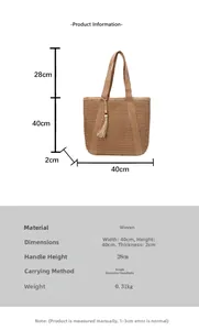 Detailed size chart for handmade woven straw tote bag with tassel bead charm accessory