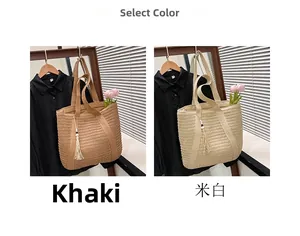 Detail view of khaki and beige straw tote bags with decorative tassels and ample capacity
