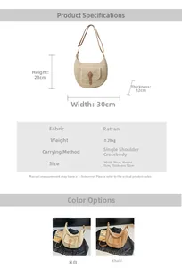Detailed size specifications for minimalist straw woven crossbody bag in beige and khaki