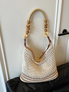 Sac Seau Tissé au Crochet pour Femmes Sac à Épaule en Tricot à la Main Avec Perles de Bois Bohème Fourre-tout Plage