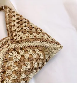 Close-up of geometric hollow woven texture in lightweight straw beige and coffee tones