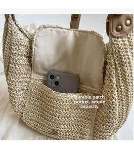 Detail view of woven straw beach bag featuring durable interior pocket and fabric lining