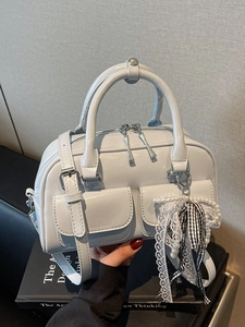 Women Boston Handbag Glossy PU Leather Crossbody Bag Artificial Pearl Lace Ribbon Pendant Stylish Shoulder Bag Versatile Daily Purse