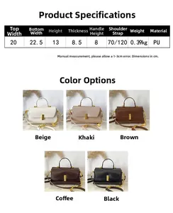 Detailed size chart for minimalist PU leather square handbag showing exact dimensions and weight