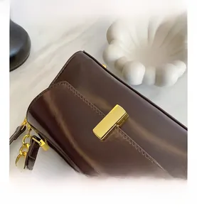 Detailed close-up of the elegant golden hardware lock on the brown leather crossbody bag