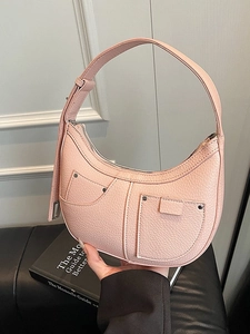 Fashion Trendy Litchi Pattern PU Leather Half Moon Underarm Bag For Women Minimalist Hobo Shoulder Bag With Silver Rivet Detail