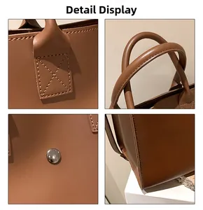 Detailed views of brown leather tote showing reinforced stitching and silver magnetic buckle