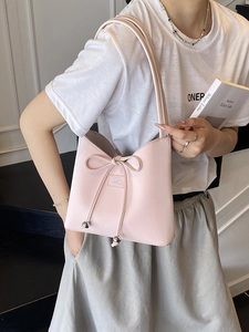 Sac à Épaule en Cuir PU Mode avec Nœud Papillon Élégant Sac Sous le Bras Brillant Sac Seau à Cordon pour Femmes Quotidien