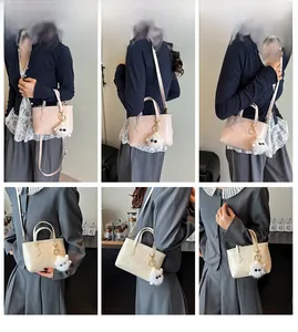 Detail view of stylish tote bucket bags with plush sheep charms and adjustable straps