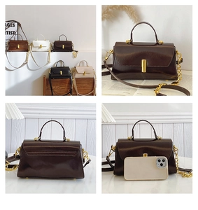 Detail view showing multi-color square handbags with gold buckles and size comparison