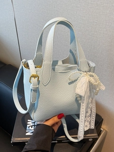 Women Lychee Grain PU Leather Bucket Bag With Artificial Pearl Lace Bow Charm Elegant Korean Style Shoulder Crossbody Bag Handbag