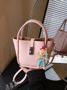 Fashion Women PU Leather Bucket Bag With Cartoon Doll Pendant Artificial Pearl Chain Metal Lock Crossbody Shoulder Handbag