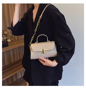 Detailed shot of beige leather crossbody bag featuring gold metal buckle and chain strap