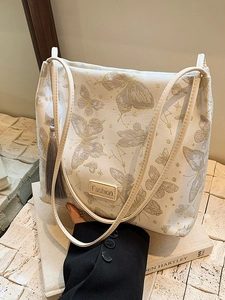 Elegant white embroidered butterfly bucket bag with leather tassel for Hanfu accessories