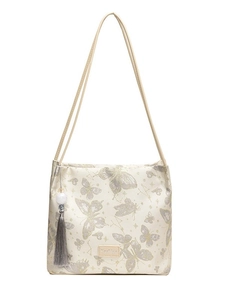 Hanfu style embroidered bucket bag with grey butterfly print and tassel charm in beige
