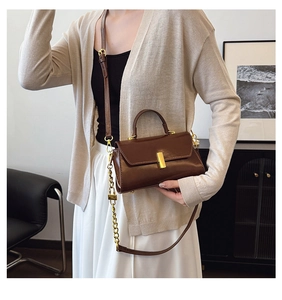 Detail of dark brown polished leather bag with gold rectangular buckle and chain strap