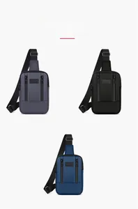 Front view of three casual denim crossbody chest bags in grey black and blue colors