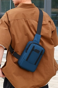 Detail of dark blue denim sling bag with three zipper compartments worn by a model
