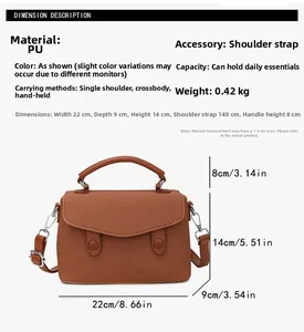 Detailed dimensions of brown PU leather crossbody bag with twill texture and dual buckles