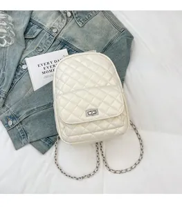 Detail eines weißen Mini-Rucksacks mit Steppmuster und Silberkette auf Jeansjacke
