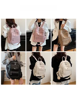 Detailed views of multi-color women's fashion backpacks with soft PU leather finish