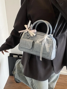 Stylish blue bowling bag with multi-pockets, lace ribbons and bow for women
