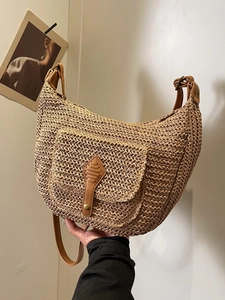 Women Large Woven Straw Crossbody Bag Summer Beach Vacation Shoulder Bag With Leather Strap Handwoven Dumpling Bag For Travel