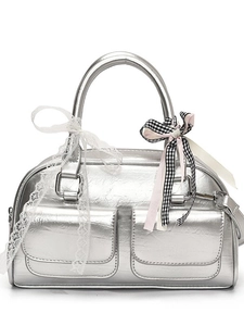 Silver metallic bowling bag with multi-pocket design and Y2K lace ribbon bow detail