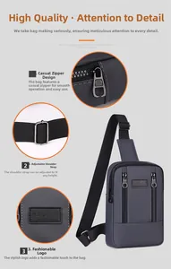 Detail of gray men's sports chest bag with sport logo and vertical zippers on oxford fabric