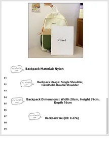Detail view of nylon backpack specs showing dimensions 28x39x16cm and 0.27kg weight